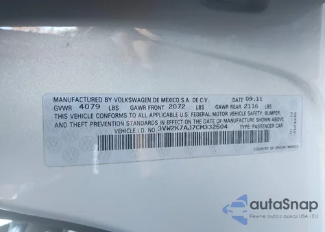 2012 Volkswagen Jetta 2.0L S z USA, uszkodzony, nr VIN 3VW2K7AJ7CM332504